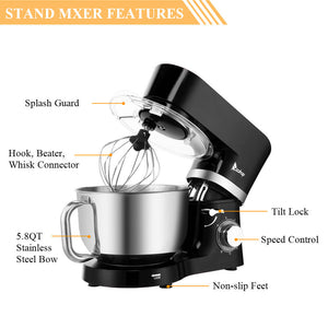 Zokop 5.8 Quart Kitchen Stand Mixer | 6 Speed Stainless Steel Electric Food Mixer
